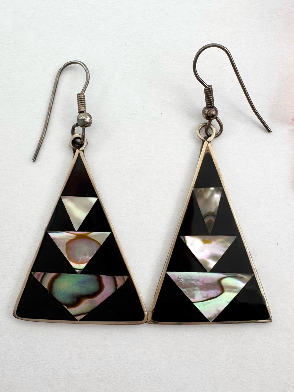 Alpaca Earrings Abalone Inlay Geometric Signed Boho Festival Beach Vacation